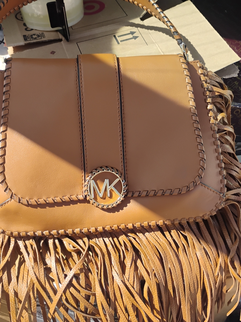 Michael Kors Cognac Leather Fringe Shoulder Bag with MK Medallion